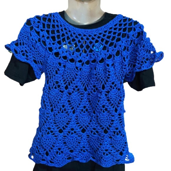 Crocheted Handmade Cotton Thread Pullover Top for Woman - Blue, Large Size - Picture 2 of 8